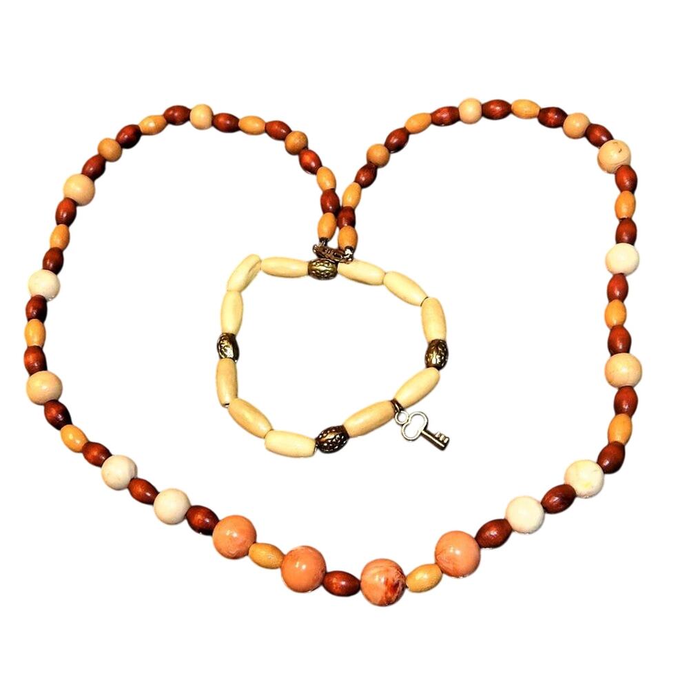 Key Wood Glass & Seed Bead Necklace & Earrings Set